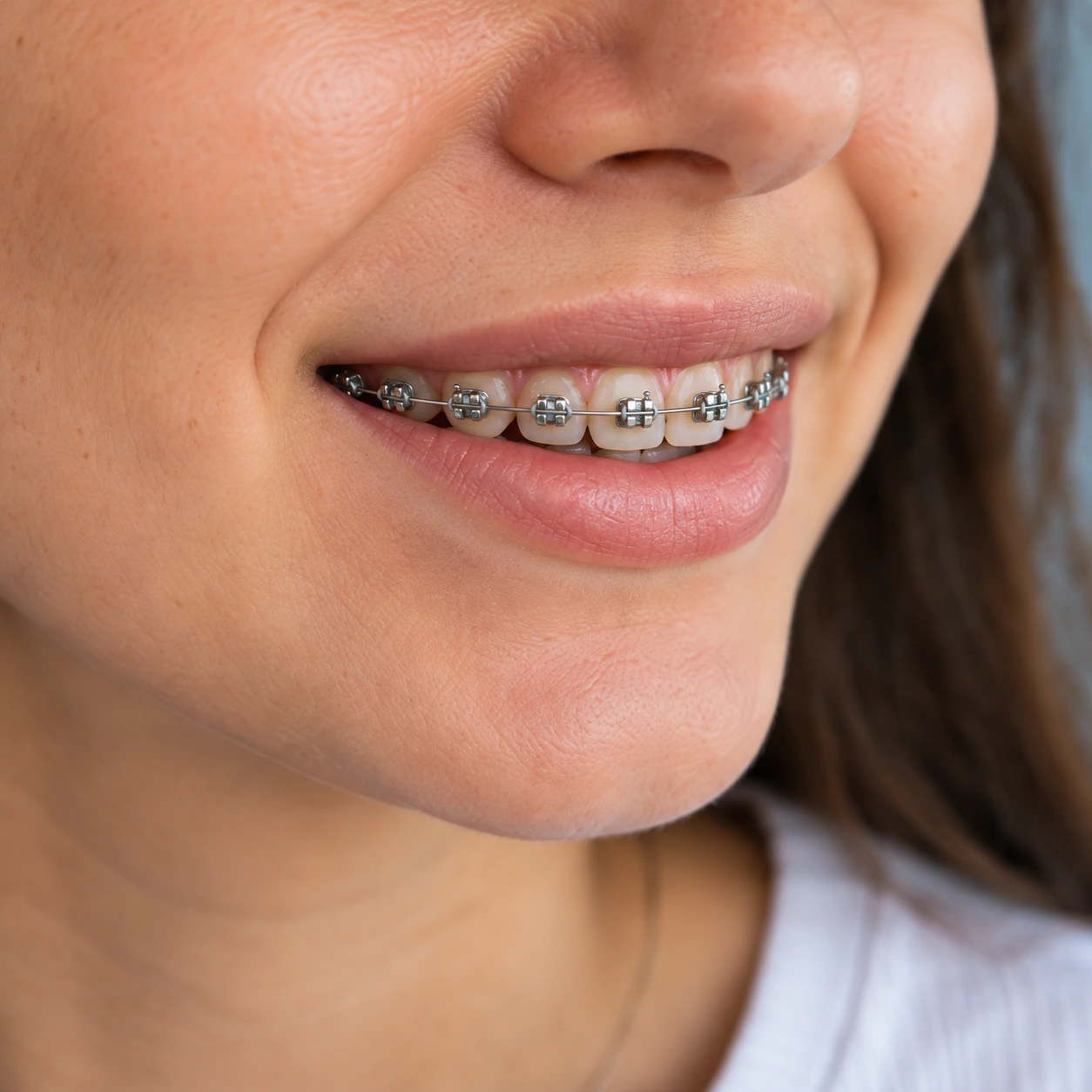 Sorriso com aparelho ortodôntico metálico