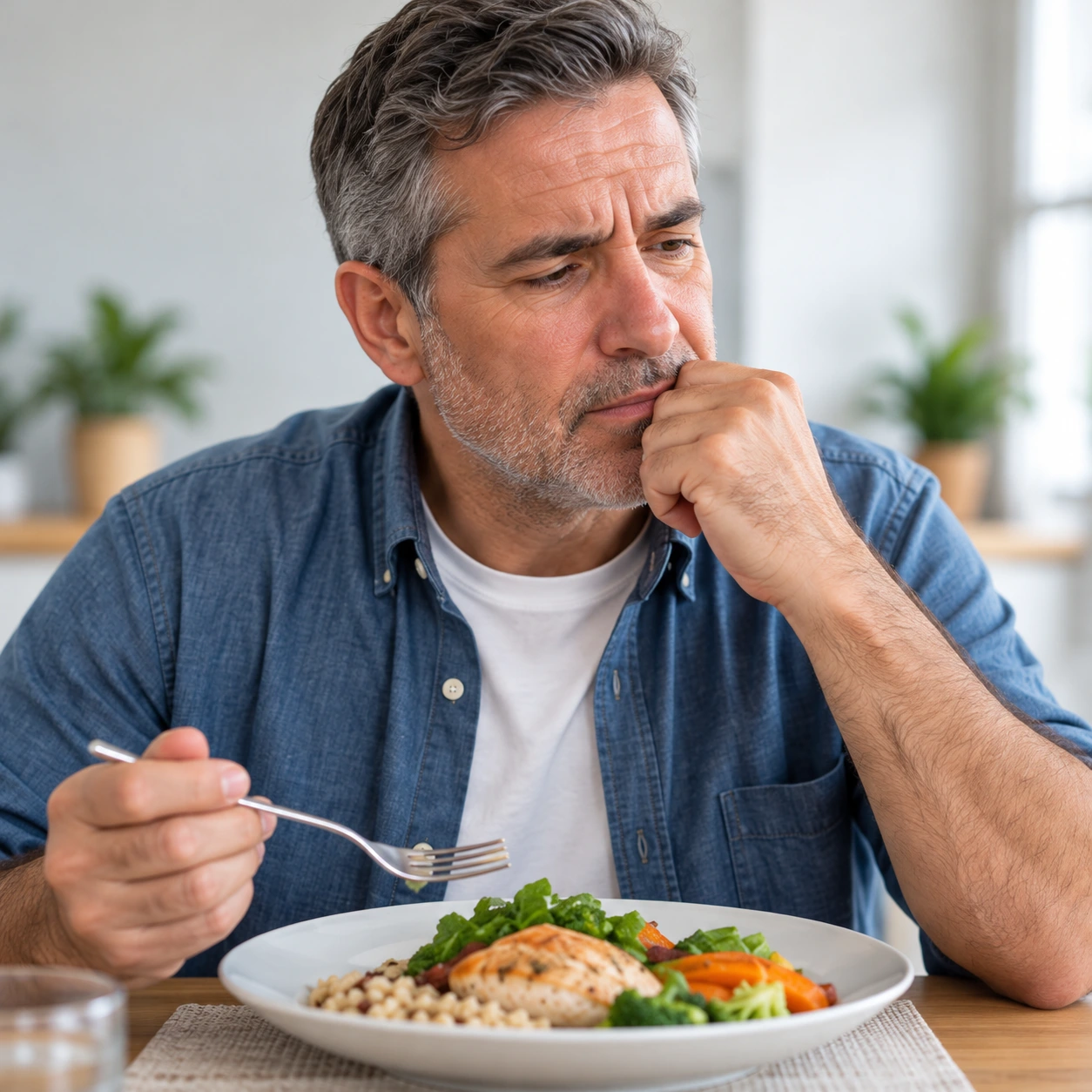 Homem fazendo uma pausa durante a refeição