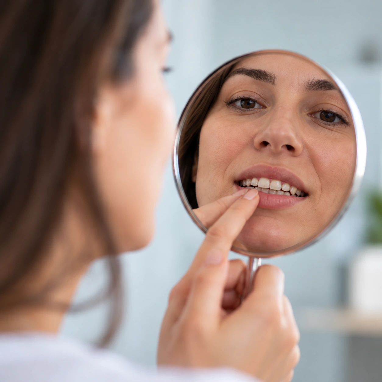 Mulher observando a cor dos dentes em um espelho